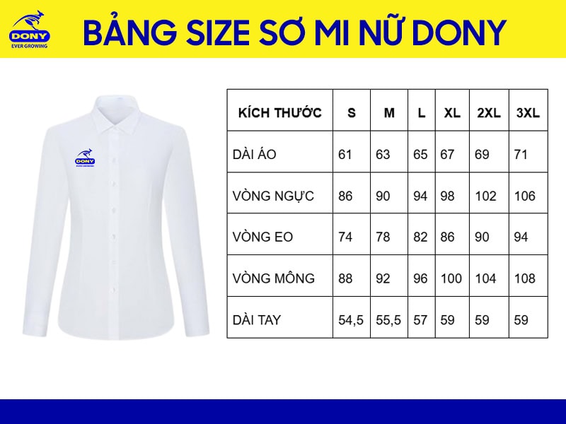 Bảng size may áo đồng phục sơ mi nữ đồng phục DONY.