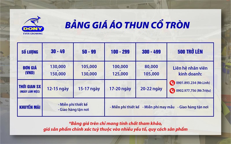 Bảng giá may áo thun cổ tròn đồng phục DONY.