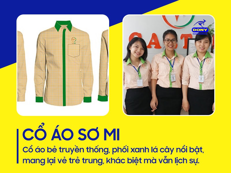 Cổ bẻ xanh lá, trẻ trung, chuyên nghiệp.