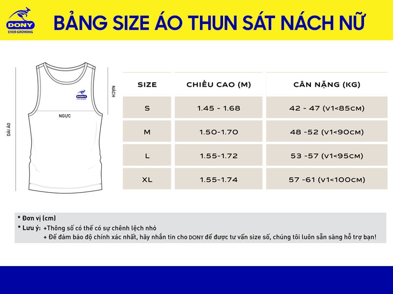 Bảng size may áo thun sát nách nữ tại DONY.