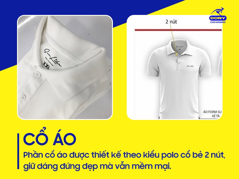Cổ áo polo bẻ 2 nút giúp giữ dáng mà vẫn mềm mại.