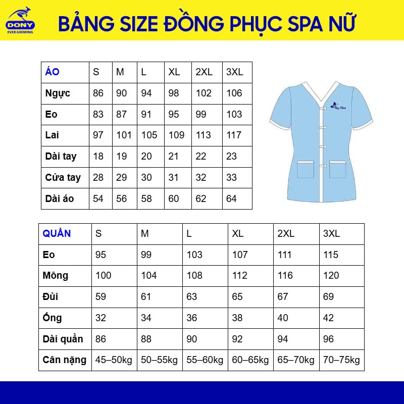 Bảng size đồng phục spa nữ.