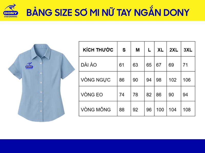 Bảng size may áo sơ mi đồng phục tay ngắn nữ.
