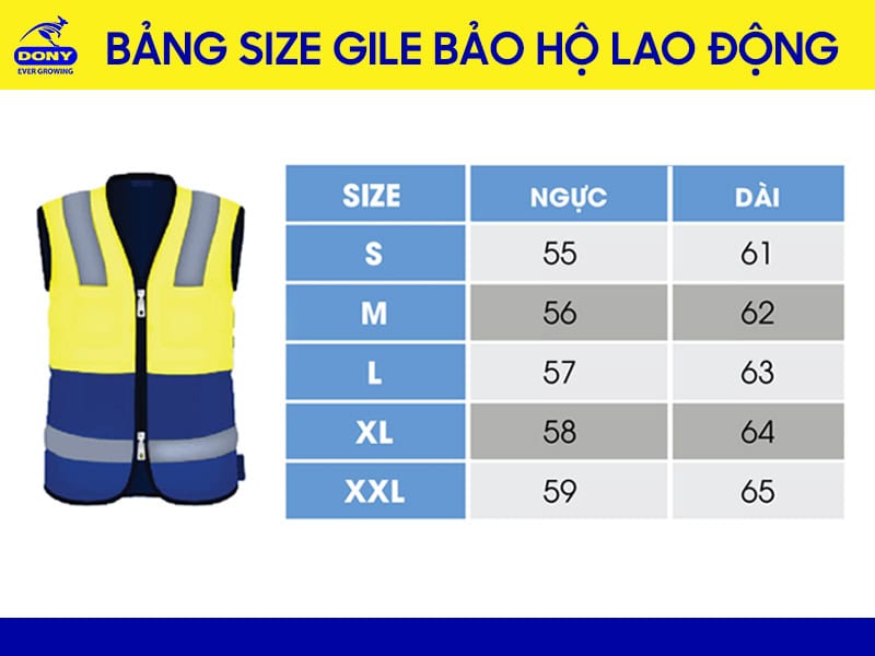 Bảng size may gile đồng phục bảo hộ lao động tại đồng phục DONY.