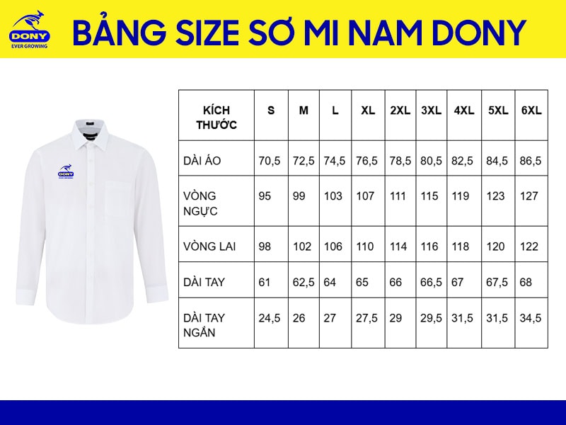 Bảng size may áo đồng phục sơ mi nam DONY.