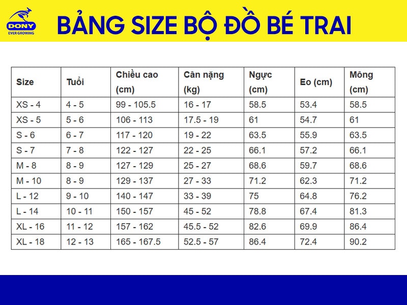 Bảng size may bộ đồ bé trai tại đồng phục DONY.