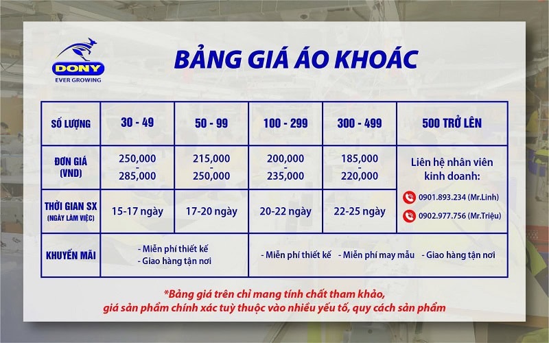 Bảng giá áo khoác đồng phục tại DONY