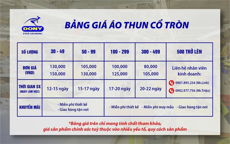 Bảng giá áo thun cổ tròn tại DONY