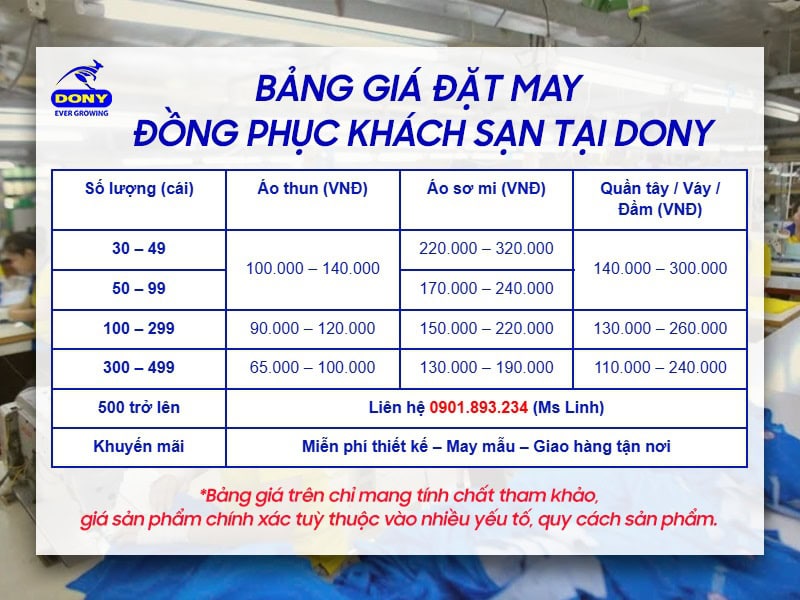 Bảng giá đồng phục khách sạn tại DONY