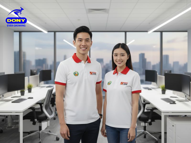 Mẫu áo polo đồng phục công ty trắng phối đỏ