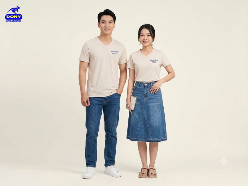 Áo thun đồng phục cổ tim công sở màu be