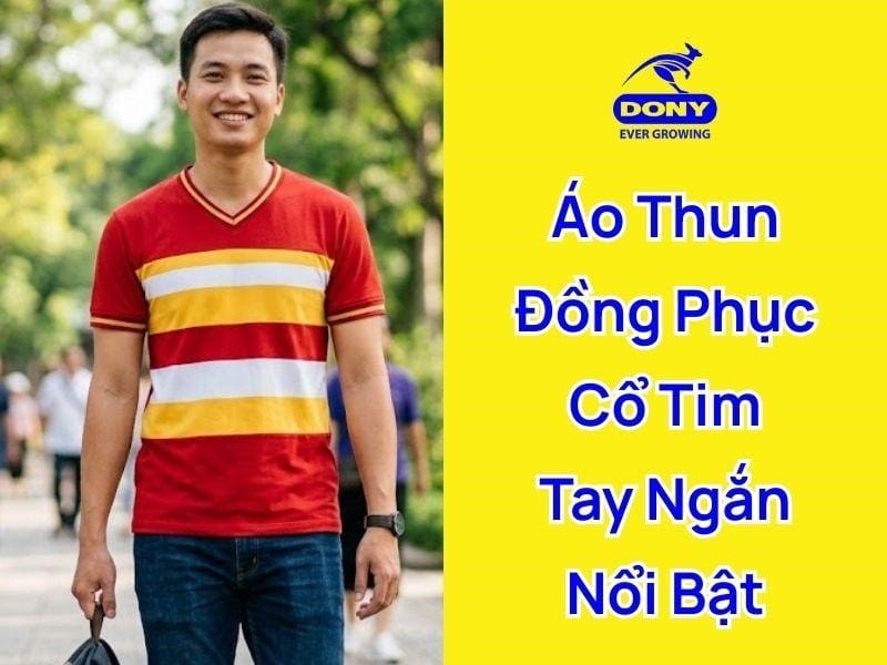 Mẫu áo thun cổ tim phối màu đỏ sọc vàng trắng nổi bật