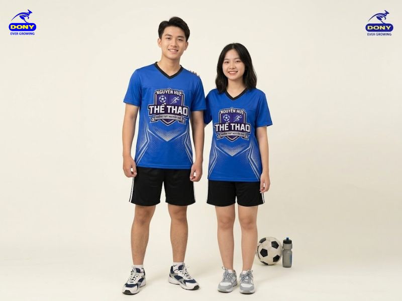 Áo thun đồng phục cổ tim thể thao màu xanh cho trường học