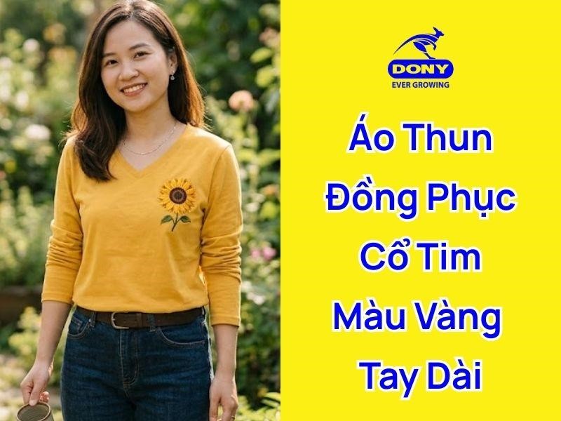 Mẫu áo thun đồng phục cổ tim tay dài màu vàng