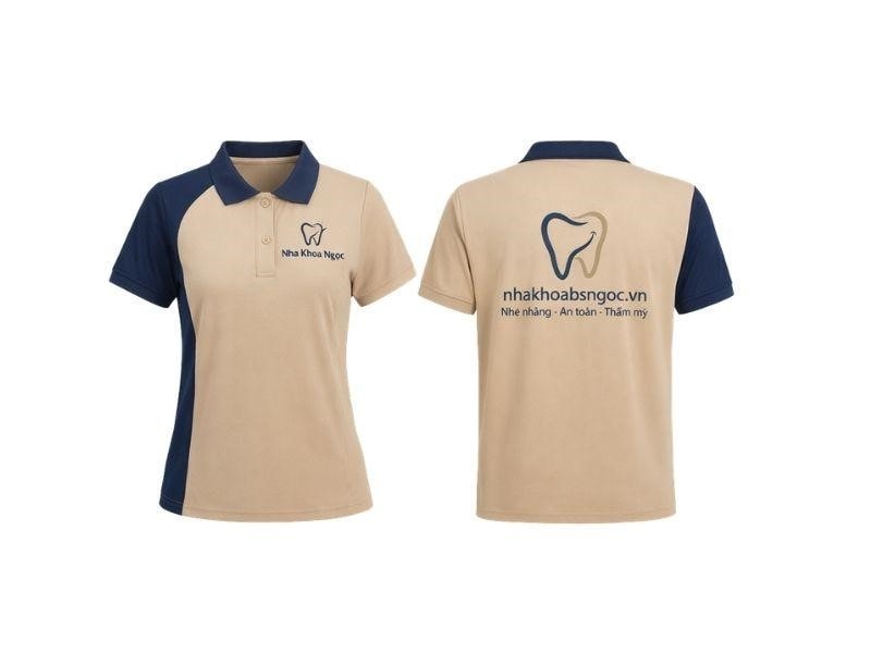 Mẫu áo thun đồng phục nha khoa màu be phối xanh than