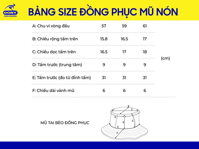 Bảng size mũ nón đồng phục