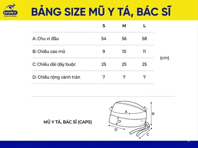 Bảng size mũ y tá, bác sĩ tại DONY