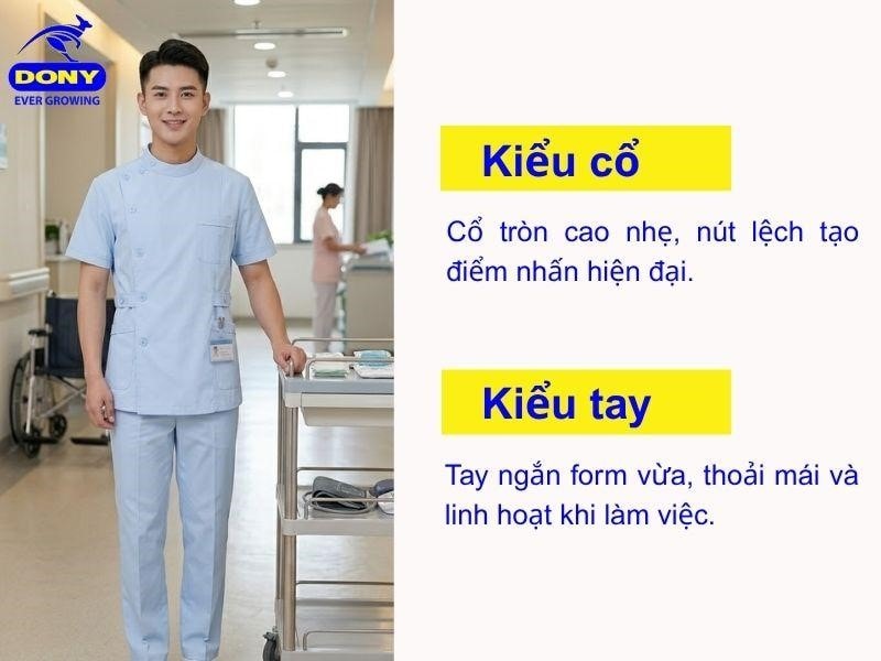 Áo sử dụng kiểu cổ tròn cao nhẹ, tay ngắn rộng vừa phải thoải mái vận động