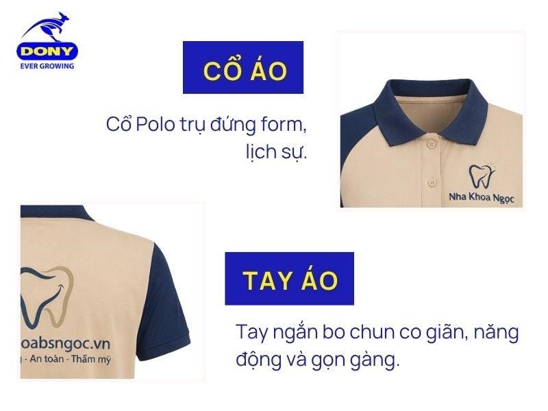 Áo được thiết kế kiểu cổ trụ (cổ Polo), tay ngắn bo chun gọn gàng
