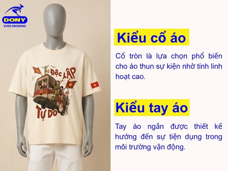 Cổ tròn là lựa chọn phổ biến cho áo thun sự kiện, tay ngắn gọn gàng tiện dụng