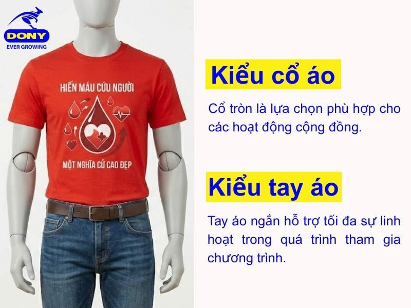 Cổ tròn là lựa chọn phù hợp cho các hoạt động cộng đồng. Tay ngắn gọn gàng