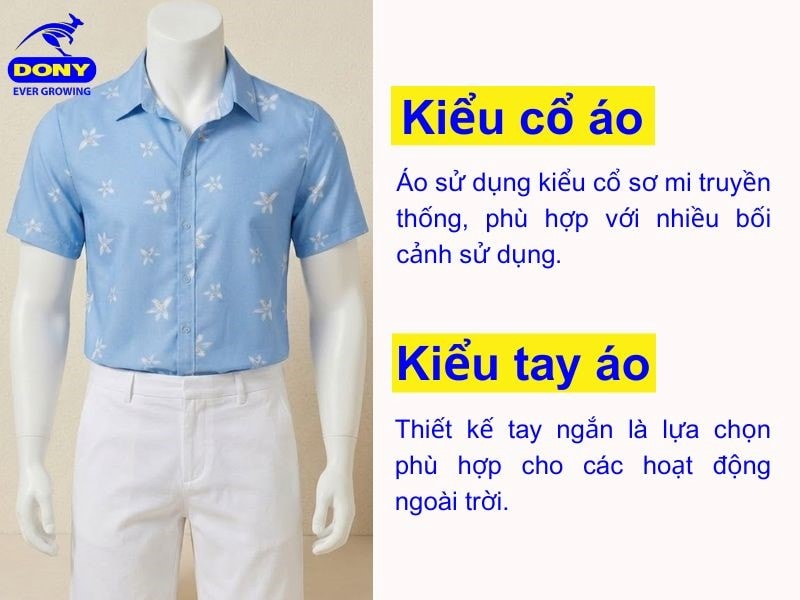 Áo sử dụng kiểu cổ sơ mi truyền thống, tay ngắn gọn gàng