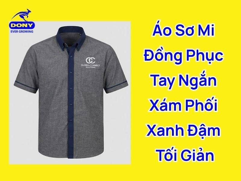 Mẫu áo sơ mi đồng phục xám phối xanh đậm tay ngắn