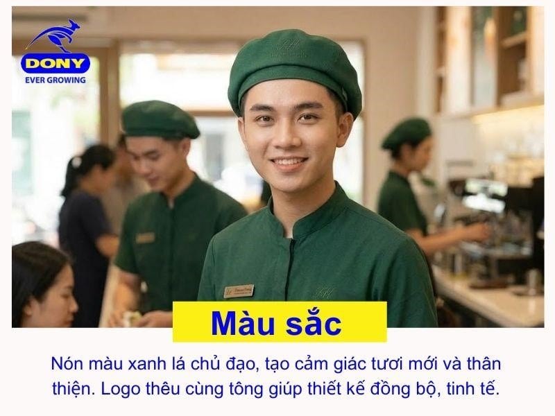 Mẫu nón sử dụng tông màu xanh lá làm chủ đạo, mang lại cảm giác tươi mới, thân thiện