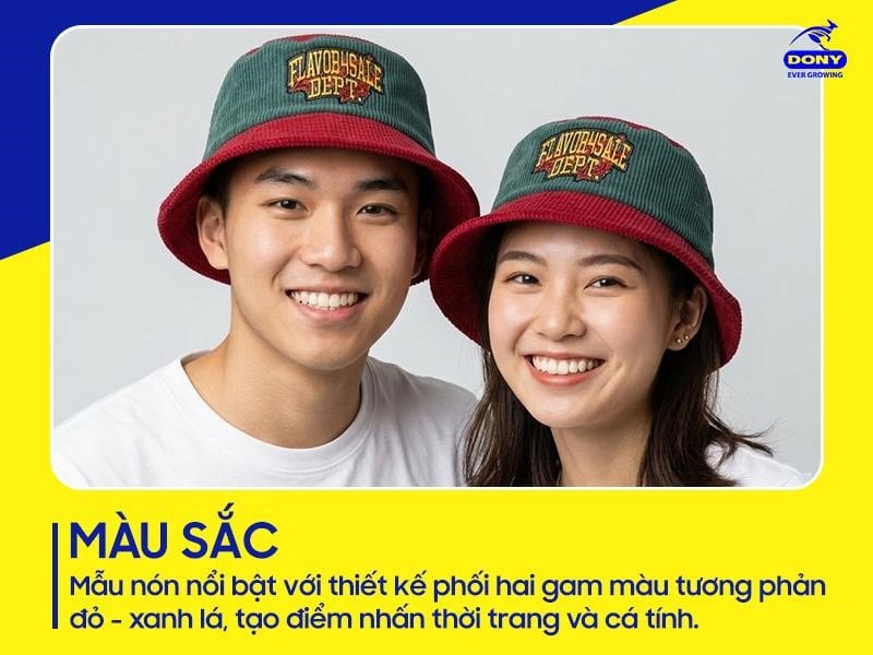 Mẫu nón nổi bật với thiết kế phối hai gam màu tương phản đỏ - xanh lá