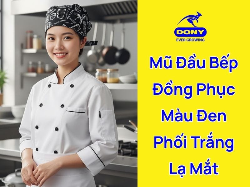 mũ đầu bếp đồng phục màu đen phối trắng