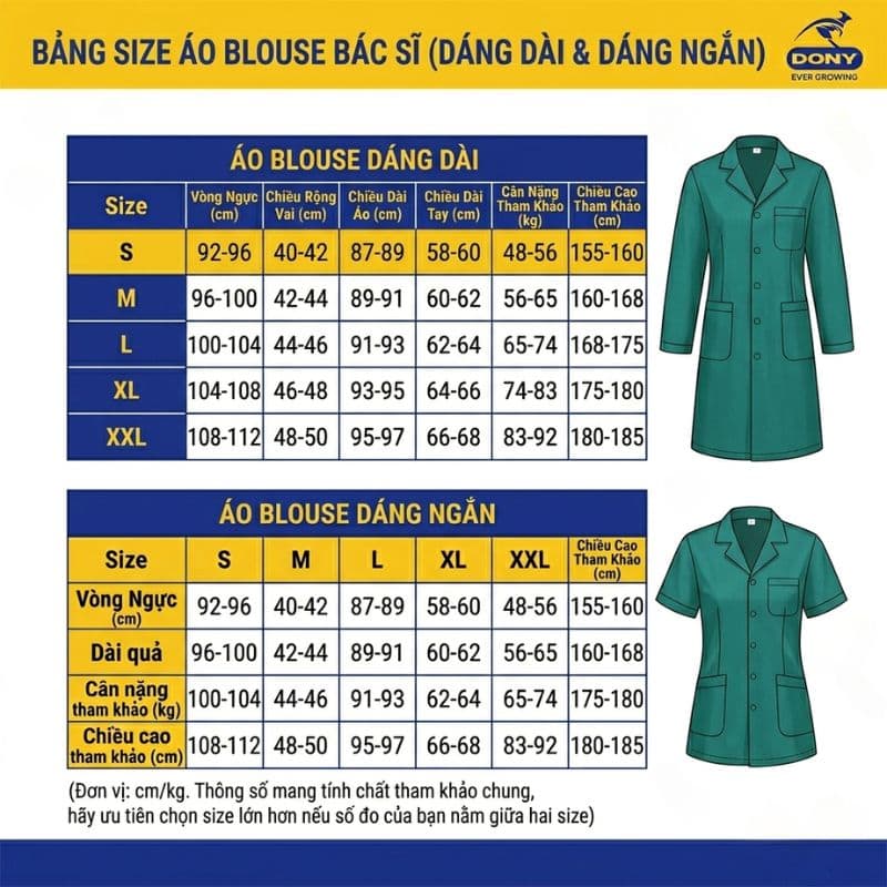 Bảng size đồng phục áo blouse bác sĩ