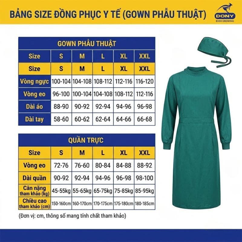 Bảng size đồng phục phẫu thuật