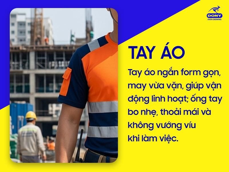 Tay áo ngắn, form gọn gàng, được may vừa vặn giúp người mặc dễ dàng cử động và làm việc linh hoạt.