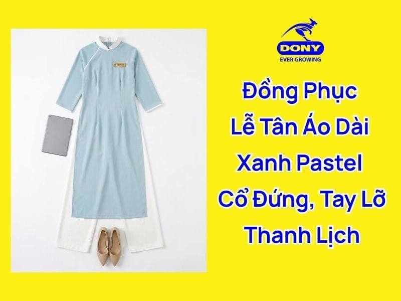 Mẫu áo dài đồng phục lễ tân màu xanh pastel