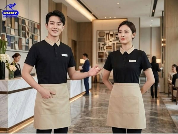 Mẫu áo thun đồng phục khách sạn màu đen phối be