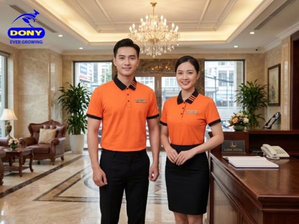 Tông màu cam nổi bật tạo ấn tượng mạnh, giúp nhân viên dễ dàng được nhận diện trong không gian khách sạn