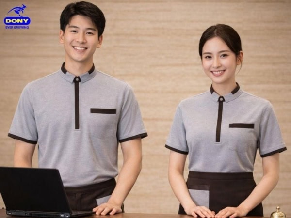 Mẫu áo thun đồng phục khách sạn màu xám phối nâu