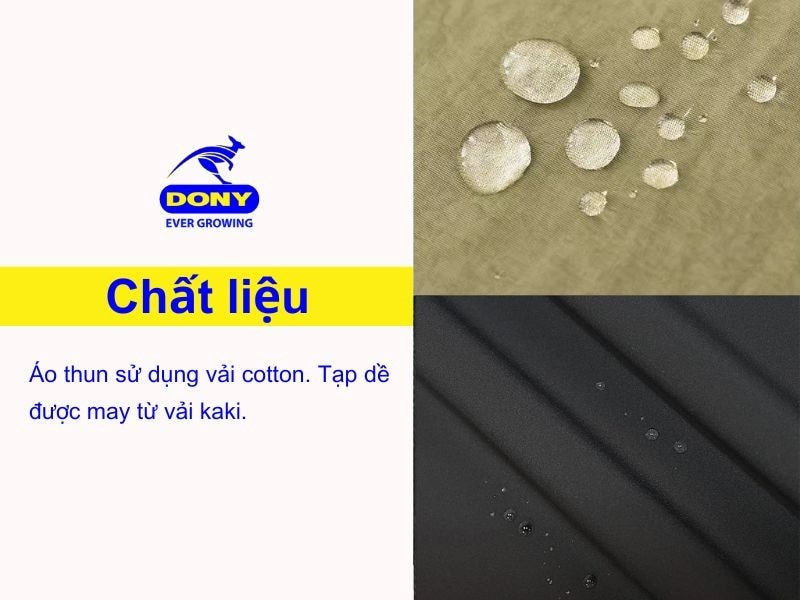 Áo thun sử dụng vải cotton. Tạp dề sử dụng vải kaki