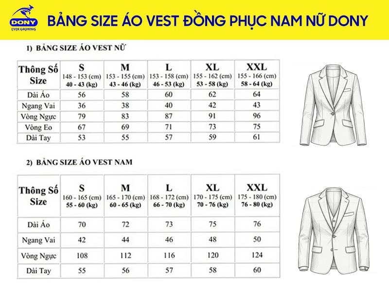 Bảng size áo vest đồng phục