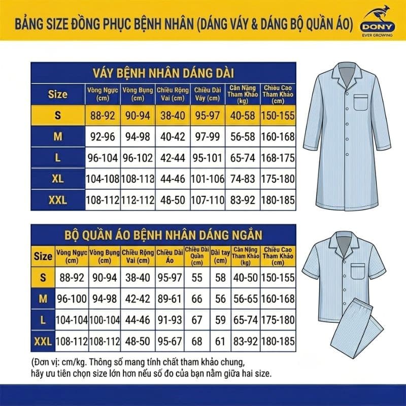 Bảng size đồng phục bệnh nhân