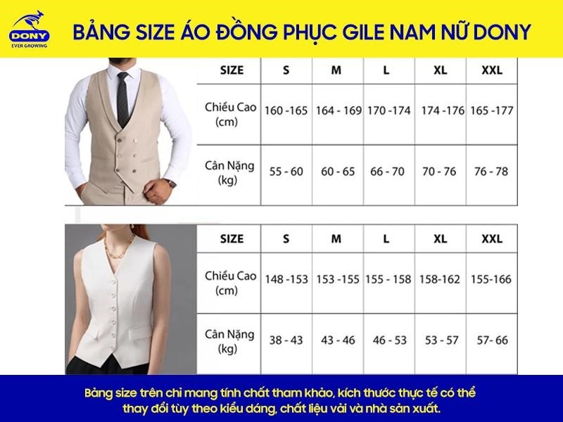 Bảng size áo đồng phục Gile
