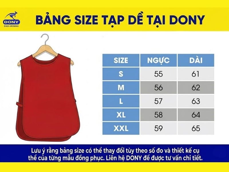 Bảng size tạp dề dáng bí