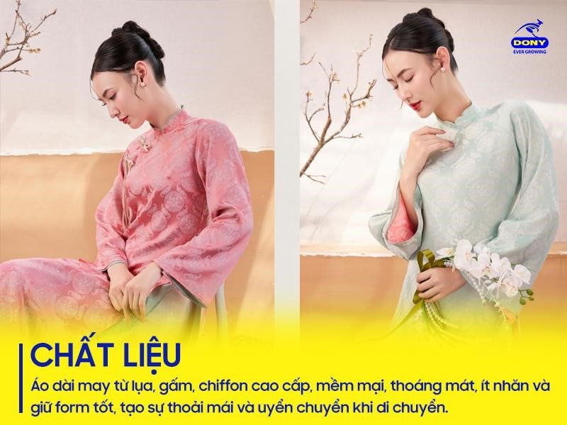 Áo dài lễ tân cách tân thường được may từ các loại vải cao cấp như lụa, gấm, chiffon