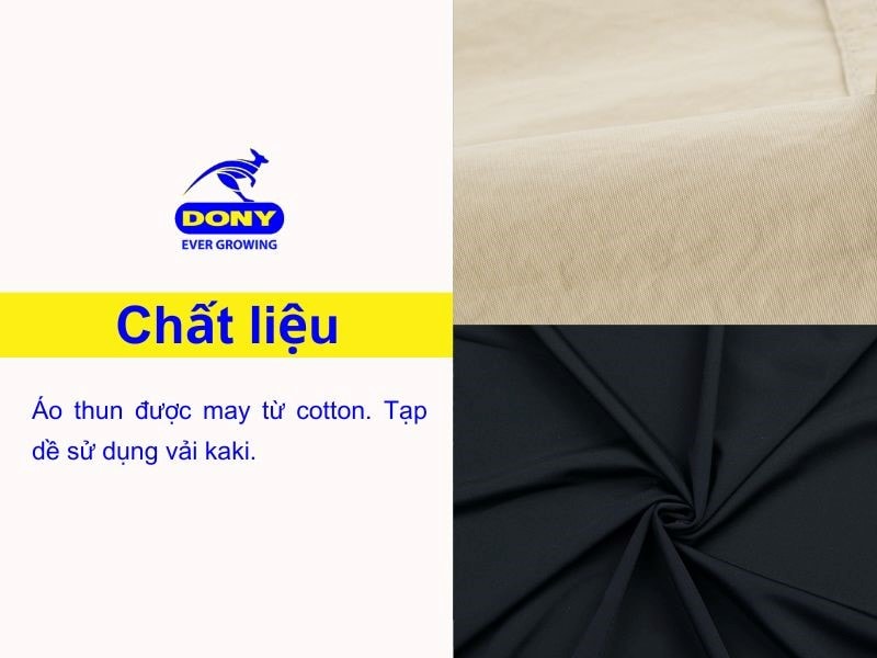 Áo thun được may từ cotton. Tạp dề sử dụng vải kaki