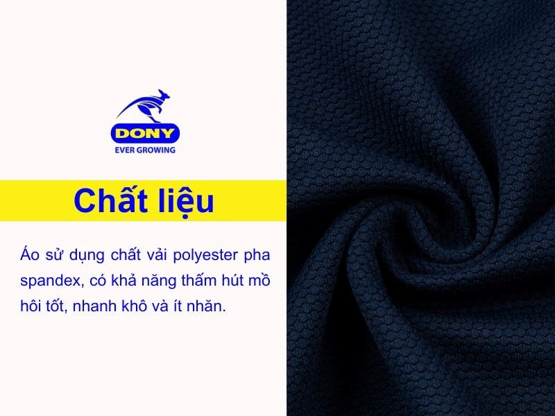 Áo sử dụng chất vải polyester pha spandex, có khả năng thấm hút mồ hôi tốt