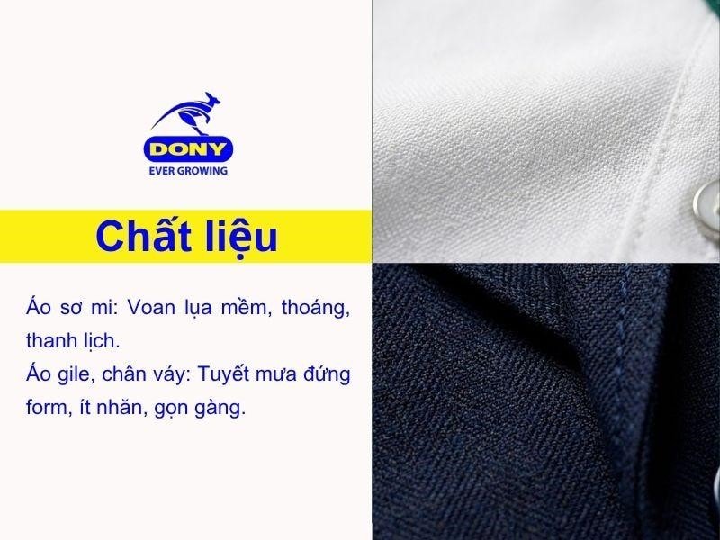 Áo sơ mi sử dụng vải voan lụa. Vest và chân váy sử dụng vải tuyết mưa