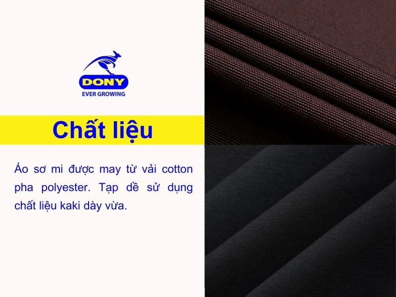 Áo sơ mi được may từ vải cotton pha polyester. Tạp dề sử dụng chất liệu kaki dày vừa