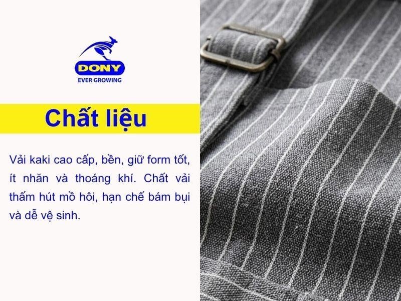 Tạp dề được may từ chất liệu vải kaki cao cấp, nổi bật với độ bền cao và khả năng giữ form tốt