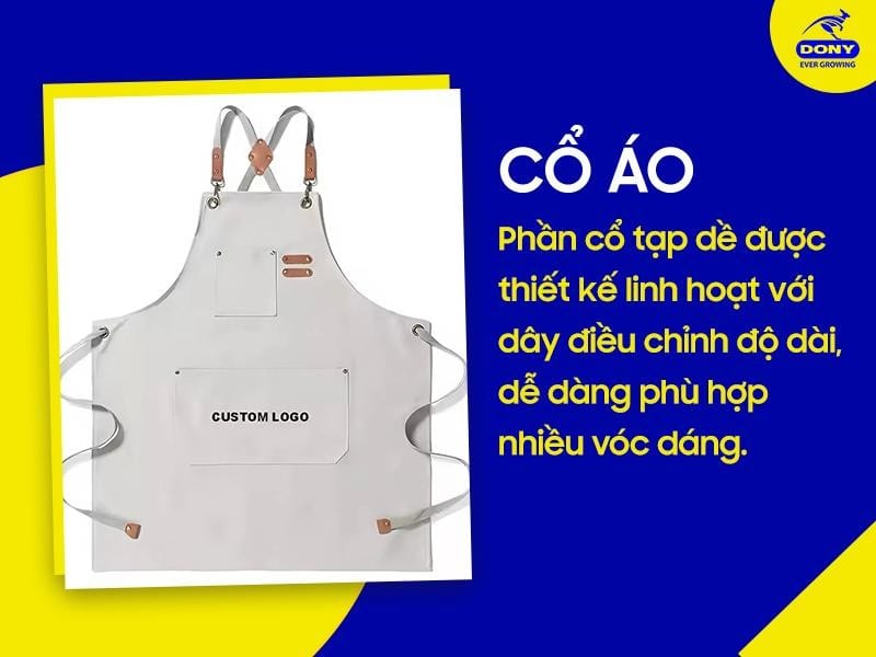 Phần cổ tạp dề được thiết kế linh hoạt với dây điều chỉnh độ dài,