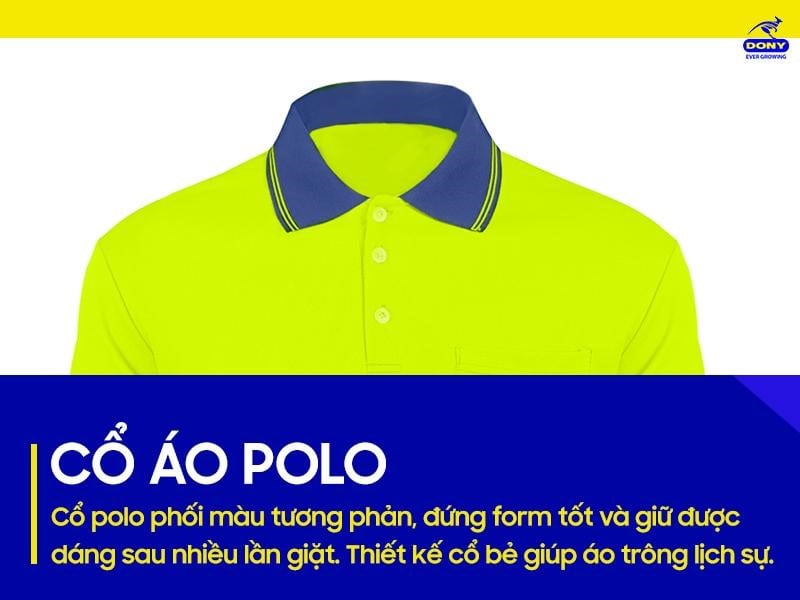 Cổ polo phối màu tương phản, đứng form tốt và giữ được dáng sau nhiều lần giặt
